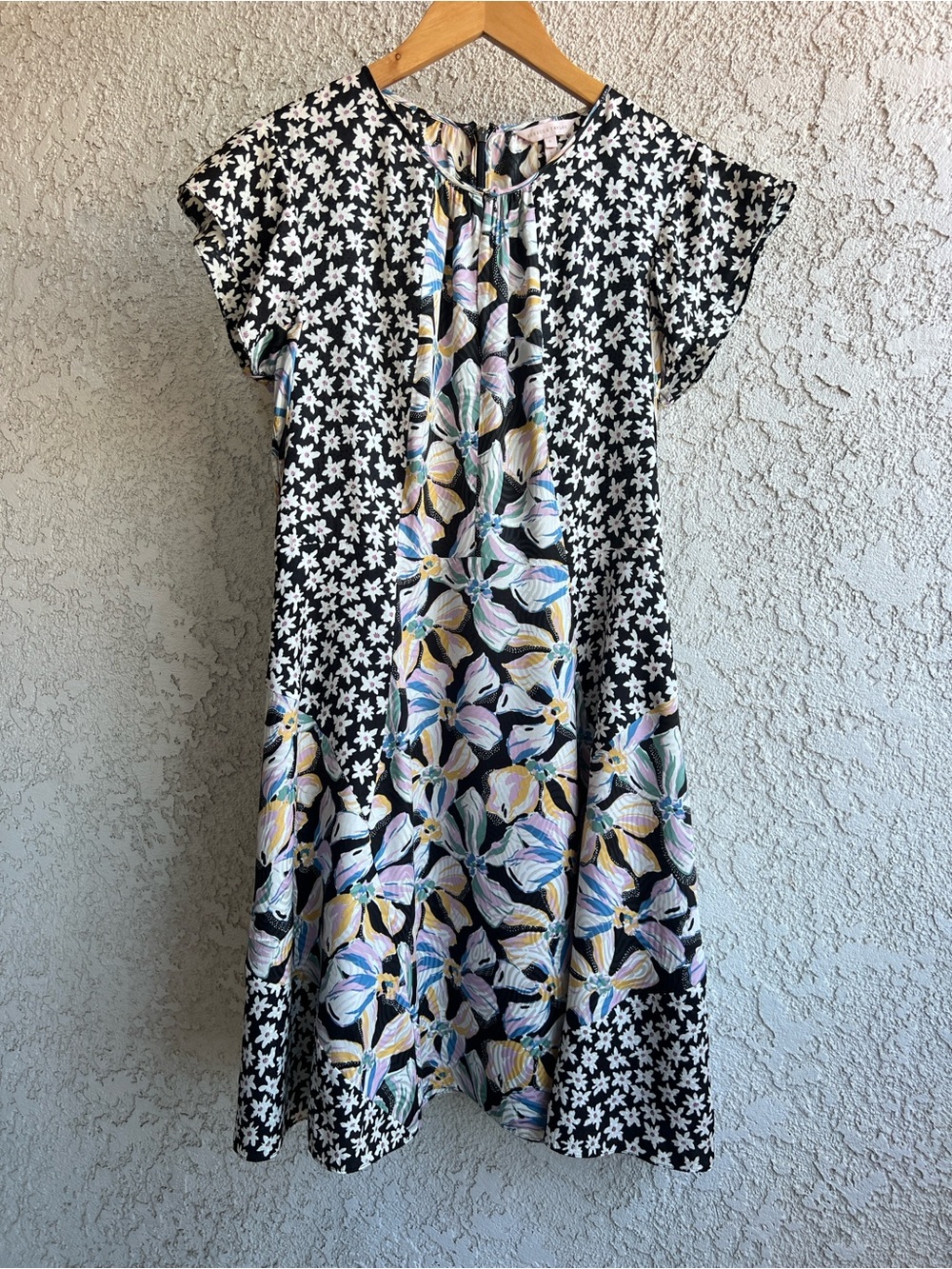 Rebecca Taylor Black Floral Patchwork Midi Dress with Pastel Blooms